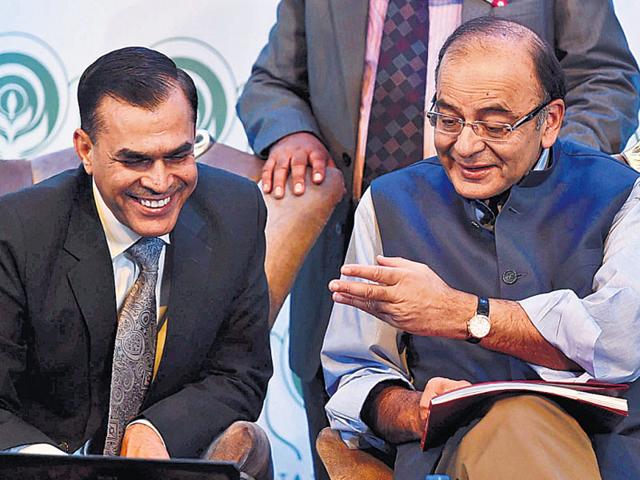 Finance minister Arun Jaitley with NABARD chairman HK Bhanwala in Mumbai on Sunday. (PTI Photo) Finance minister Arun Jaitley with NABARD chairman HK Bhanwala in Mumbai on Sunday. (PTI Photo)