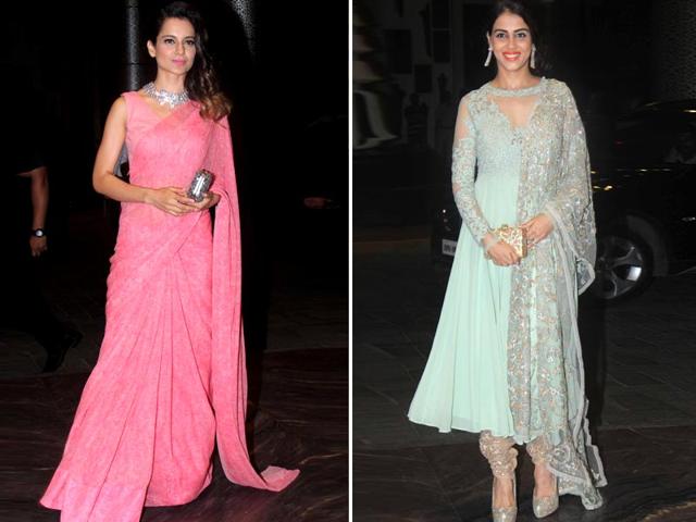 While Kangana Ranaut looked elegant in a peach-coloured sari, Genelia D'Souza also looked beautiful in her salwar ensemble. 