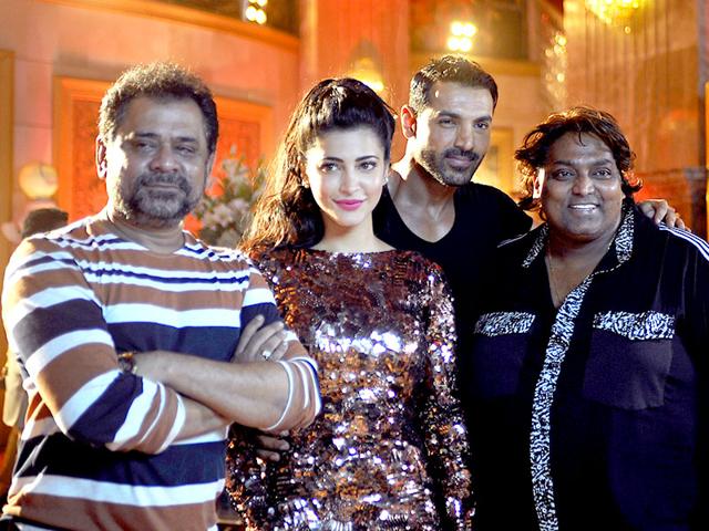 Anees Bazmee, Shruti Haasan, John Abraham and Ganesh Acharya on the sets of Welcome Back. (AFP photo) Anees Bazmee, Shruti Haasan, John Abraham and Ganesh Acharya on the sets of Welcome Back. (AFP photo)