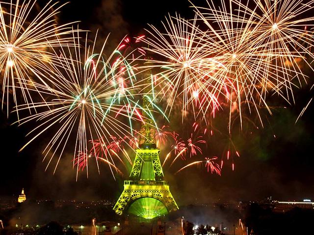 Fireworks illuminate the Eiffel Tower in Paris during Bastille Day celebrations. Bastille Day marks the July 14, 1789, storming of the Bastille prison by angry Paris crowds that helped spark the French Revolution. (AP Photo) Fireworks illuminate the Eiffel Tower in Paris during Bastille Day celebrations. Bastille Day marks the July 14, 1789, storming of the Bastille prison by angry Paris crowds that helped spark the French Revolution. (AP Photo)