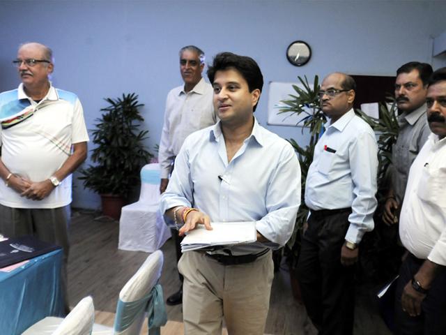 MP Cricket Association chairman Jyotiraditya Scindia with association members during MPCA managing committee meeting in Indore on Wednesday. (Arun Mondhe/HT)