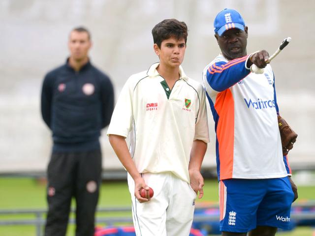 Arjun with England bowling coach Ottis Gibson. (Reuters Photo)