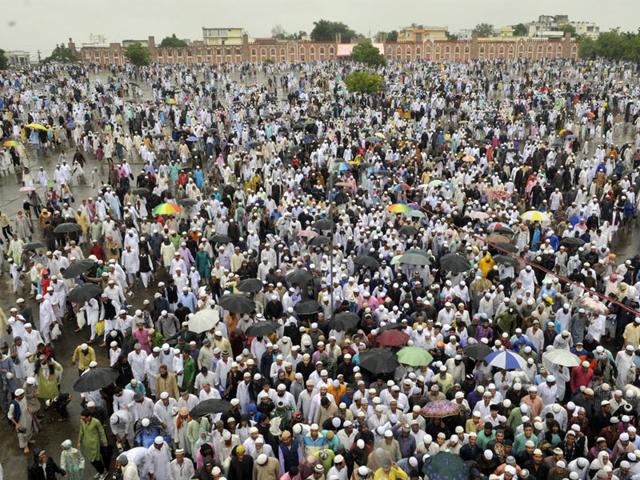 Devouts come out of Eidgaah after offering Eid Namaz at Eidgaah in Bhopal on Saturday. (Praveen Bajpai/HT photo)