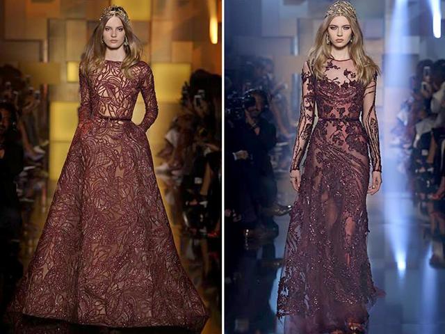 Experiment with colour. This burgundy shade looks exquisite when enhanced with sequins and sheer. Experiment with colour. This burgundy shade looks exquisite when enhanced with sequins and sheer.