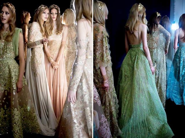 Subdued colours, like ocean green and sea blue work extremely well with sequins. Models wearing the Elie Saab collection in a candid moment before the show. Subdued colours, like ocean green and sea blue work extremely well with sequins. Models wearing the Elie Saab collection in a candid moment before the show.