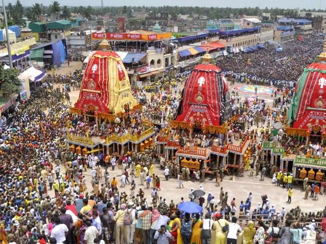 Three chariots during Nabakalebar Rathayatra Festival in Puri, Odisha, on Saturday. (Arabinda Mahapatra/ HT Photo)