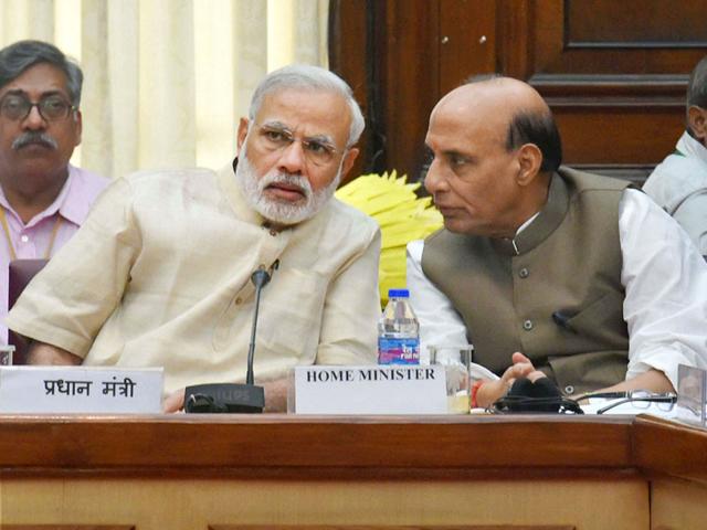 Prime Minister Narendra Modi with home minister Rajnath Singh during an all-party Meeting at Parliament House in New Delhi on Monday. (PTI Photo) Prime Minister Narendra Modi with home minister Rajnath Singh during an all-party Meeting at Parliament House in New Delhi on Monday. (PTI Photo)