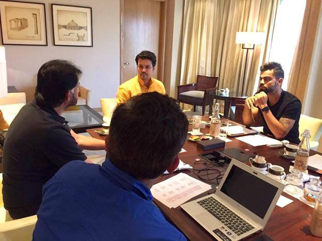 The BCCI national selection committee, along with Test captain Virat Kohli, right, and BCCI secretary Anurag Thakur, second from right, at a meeting in New Delhi on July 23, 2015 to announce the squad for the three-Test tour of Sri Lanka. (Photo: Facebook.com/IndianCricketTeam) The BCCI national selection committee, along with Test captain Virat Kohli, right, and BCCI secretary Anurag Thakur, second from right, at a meeting in New Delhi on July 23, 2015 to announce the squad for the three-Test tour of Sri Lanka. (Photo: Facebook.com/IndianCricketTeam)