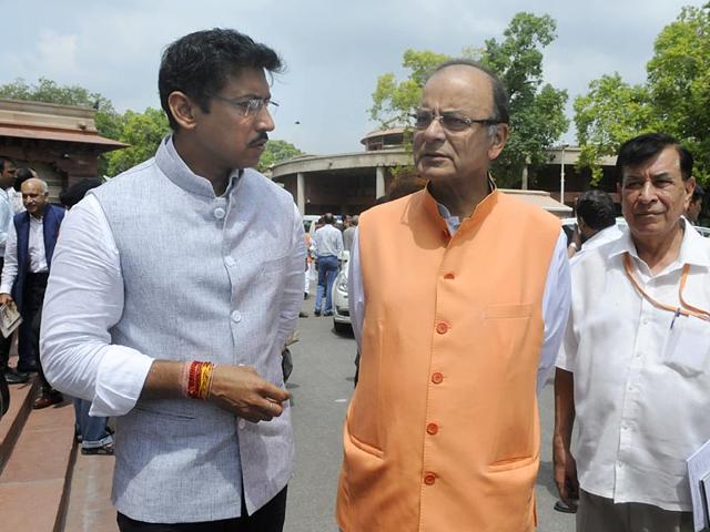 Union Finance minister Arun Jaitley arrives for the monsoon session at Parliament House, New Delhi (Sonu Mehta/HT Photo)
