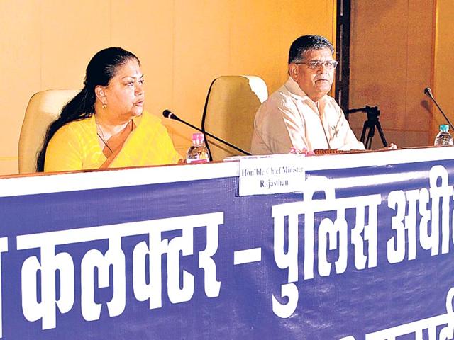 CM Vasundhara Raje and home minister GC Kataria at the SP-Collectors’ conference at CMO in Jaipur on Thursday. Himanshu Vyas/HT photo