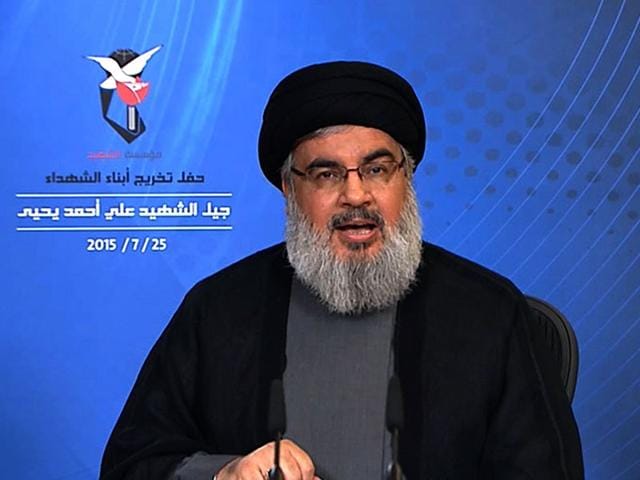 An image grab taken from Hezbollah's al-Manar TV on July 25, 2015 shows Hassan Nasrallah, the head of Lebanon's militant Shiite Muslim movement Hezbollah, giving a televised address from an undisclosed location in Lebanon. In his speech Nasrallah said that the United States will remain the "Great Satan" despite concluding an agreement with Tehran on the nuclear file, stressing that Iran's support for Hezbollah is fixed and will not change. (AFP PHOTO / AL-MANAR) An image grab taken from Hezbollah's al-Manar TV on July 25, 2015 shows Hassan Nasrallah, the head of Lebanon's militant Shiite Muslim movement Hezbollah, giving a televised address from an undisclosed location in Lebanon. In his speech Nasrallah said that the United States will remain the "Great Satan" despite concluding an agreement with Tehran on the nuclear file, stressing that Iran's support for Hezbollah is fixed and will not change. (AFP PHOTO / AL-MANAR)