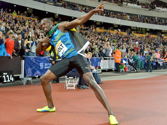 Usain Bolt of Jamaica poses after winning the 100m in 9.87 seconds during the 2015 Sainsbury's Anniversary Games at the Queen Elizabeth Olympic Park Stadium in London, on July 24, 2015. (Reuters Photo)