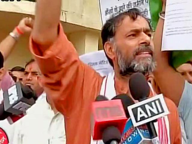 Sawraj Abhiyan party leader Yogender Yadav launched a protest at Delhi Race course on July 26, demanding that the site be converted as a memorial to farmers, and that a 'Kisan Haat' should be established (PTI Photo)