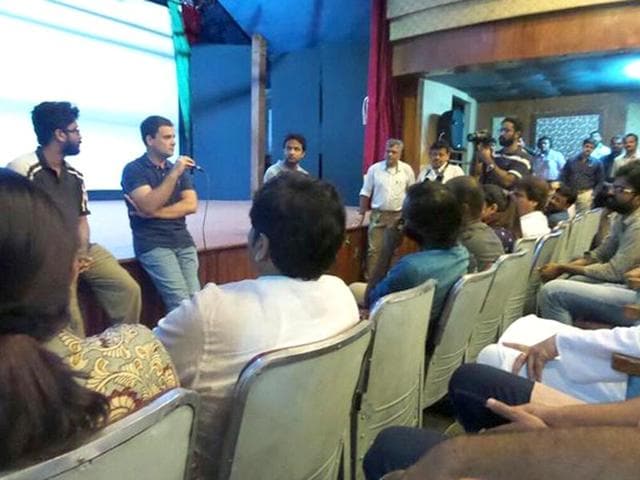 Rahul Gandhi interacts with students at the Film and Television Institute of India in Pune. (Photo: @OfficeofRG on Twitter) Rahul Gandhi interacts with students at the Film and Television Institute of India in Pune. (Photo: @OfficeofRG on Twitter)