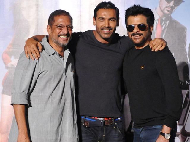 Left to right: Actors Nana Patekar, John Abraham and Anil Kapoor perform during the promotion of the upcoming Hindi film Welcomw Back directed by Anees Bazmee in Mumbai. (AFP Photo) Left to right: Actors Nana Patekar, John Abraham and Anil Kapoor perform during the promotion of the upcoming Hindi film Welcomw Back directed by Anees Bazmee in Mumbai. (AFP Photo)