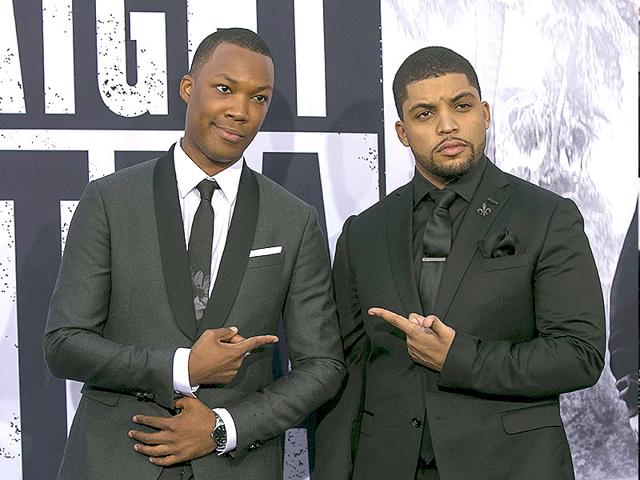 Corey Hawkins, who plays Dr Dre and O'Shea Jackson Jr, who plays his dad Ice Cube at the Straight Outta Compton premiere. (Reuters) 