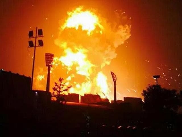 A warehouse in Chinese port city of Tianjin erupted in fire after inflammable material exploded on Wednesday. (Picture credit: Twitter)