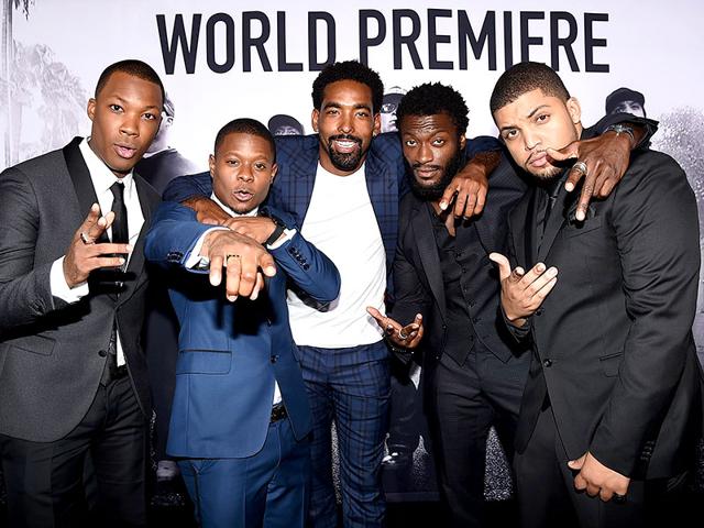 Actors Corey Hawkins, Jason Mitchell, Marlon Yates, Jr, Aldis Hodge, and O'Shea Jackson, Jr attend the premiere of Straight Outta Compton. (AFP) 