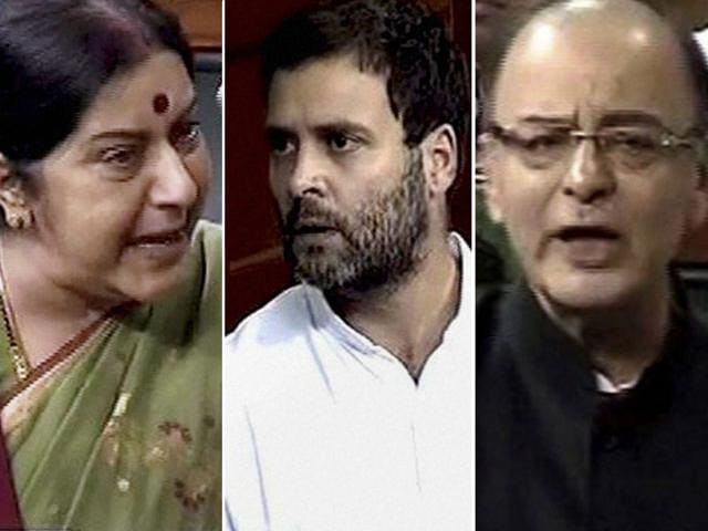 Combination photo of Sushma Swaraj, Rahul Gandhi and Arun Jaitley in Lok Sabha, New Delhi. (PTI Photos) Combination photo of Sushma Swaraj, Rahul Gandhi and Arun Jaitley in Lok Sabha, New Delhi. (PTI Photos)