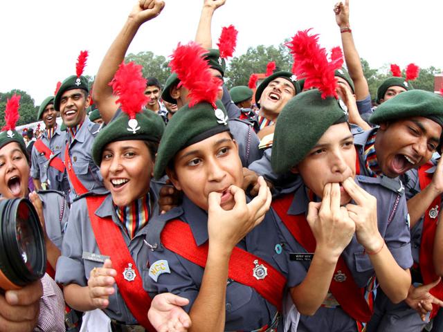 NCC cadets enjoying after the Independence Day celebrations at Parade Ground, Sector-17, Chandigarh on Saturday. (Gurpreet Singh/HT Photo)