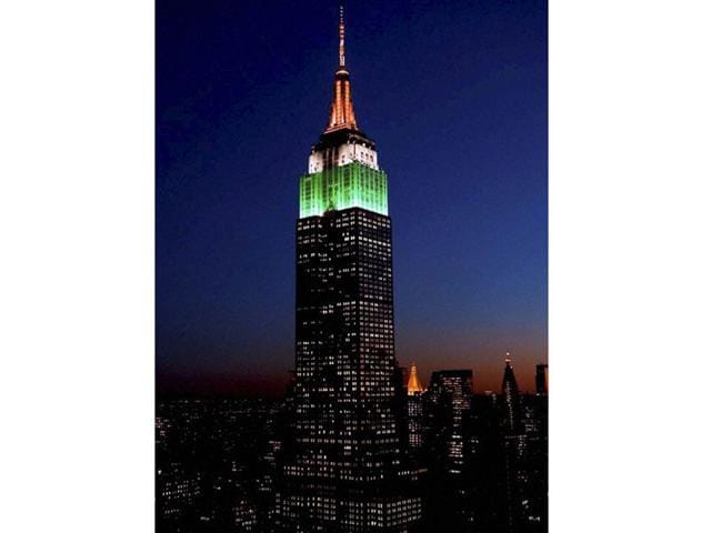 The Empire State Building in New York lit up with Indian tricolor during the celebrations of 69th Independence Day of India in New York on Saturday. (PTI Photo)