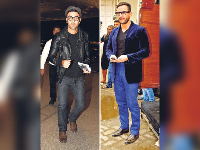 Velvety effect: Why should men be left behind in the race? Take a cue from actor Saif Ali Khan who goes the semi-formal way by teaming up rectangular glasses with a velvet blazer over pants. Follow suit if going to a wedding. Man in black Ranbir Kapoor matches his spectacles with an all-black ensemble. The chic glasses add an element of style to his retro look. (HT Photo/ Yogen Shah)