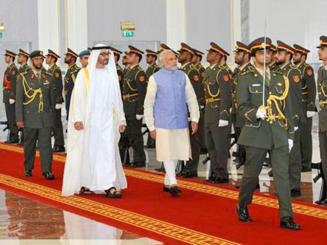 Modi's UAE visit hopes to see the two countries step up security cooperation, energy, trade and investment ties. (Image via Twitter, @PIB_India)
