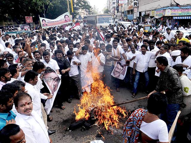 AIADMK supporters protest against Tamil Nadu Congress Committee (TNCC) president EVKS Elangovan for his remarks against chief minister J Jayalalithaa, in Chennai. (PTI Photo) AIADMK supporters protest against Tamil Nadu Congress Committee (TNCC) president EVKS Elangovan for his remarks against chief minister J Jayalalithaa, in Chennai. (PTI Photo)