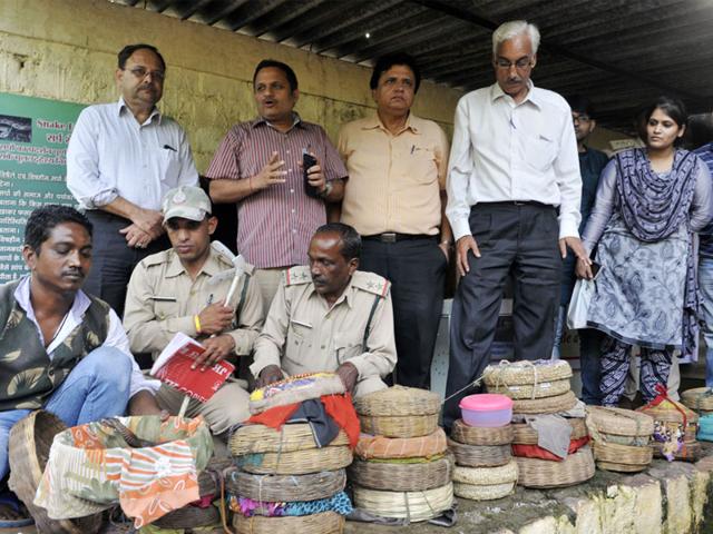 MP Forest Department seized injured snakes from snake charmers on Nag Panchami in Bhopal on Wednesday. (Praveen Bajpai/HT)