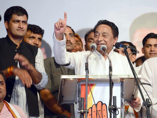 Senior Congress leader Kamal Nath addressing party workers in Jabalpur on Friday. (HT photo)