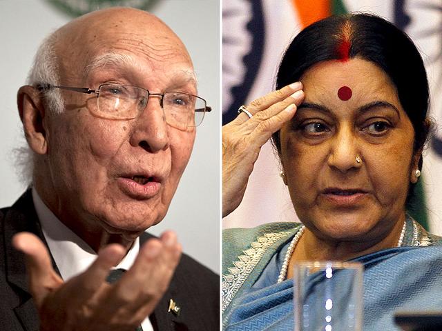 A combination photo external affairs minister Sushma Swaraj and Pakistan National Security Advisor Sartaj Aziz (File Photos) A combination photo external affairs minister Sushma Swaraj and Pakistan National Security Advisor Sartaj Aziz (File Photos)