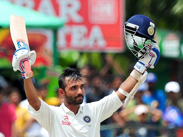 Ajinkya Rahane celebrates after scoring a century during the fourth day of the second Test between Sri Lanka and India at the P Sara Oval Cricket Stadium in Colombo on August 23, 2015. (AFP Photo) Ajinkya Rahane celebrates after scoring a century during the fourth day of the second Test between Sri Lanka and India at the P Sara Oval Cricket Stadium in Colombo on August 23, 2015. (AFP Photo)