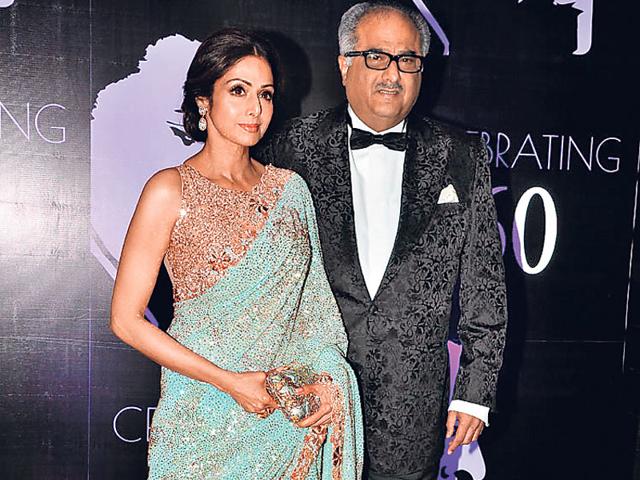 Sridevi poses with Boney Kapoor at Chiranjeevi's birthday party. (Photo: Viral Bhayani) Sridevi poses with Boney Kapoor at Chiranjeevi's birthday party. (Photo: Viral Bhayani)