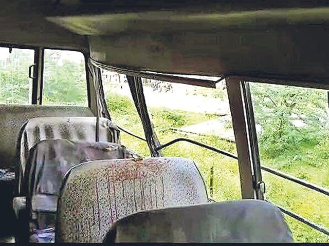 Blood-stained interior of the Indo American School bus that rammed into a parked truck in Udaipur on Monday.(HT Photo) Blood-stained interior of the Indo American School bus that rammed into a parked truck in Udaipur on Monday.(HT Photo)
