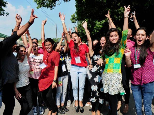 Students of DAV college, Sector 10, celebrate HSA panel's victory in their college during the Panjab University elections on Wednesday. Ravi Kumar/HT