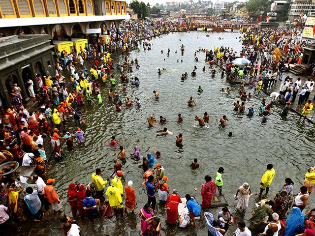The pilgrimage is held for about one and a half months at each of these four places: it is believed in Hinduism that drops of nectar fell from the kumbha carried by gods after the sea was churned. Bathing in these rivers is thought to cleanse a person of all sins. (Ajay Aggarwal/ HT Photo) The pilgrimage is held for about one and a half months at each of these four places: it is believed in Hinduism that drops of nectar fell from the kumbha carried by gods after the sea was churned. Bathing in these rivers is thought to cleanse a person of all sins. (Ajay Aggarwal/ HT Photo)