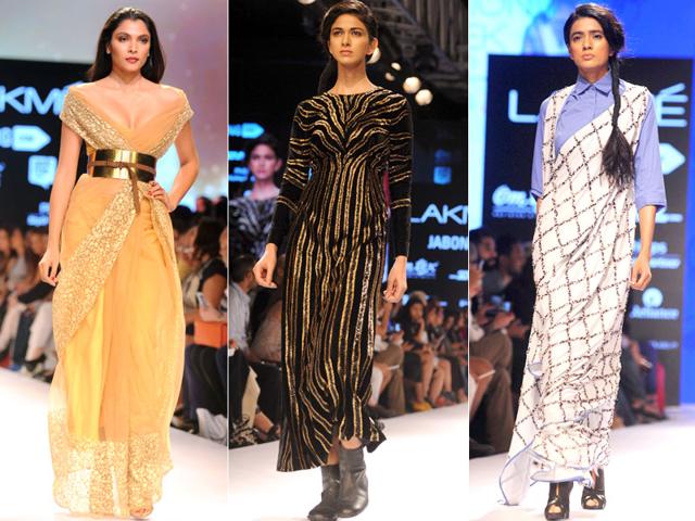 From L: Models showcase creations by designer Nikhil Thampi, Huemn and Ilk at Lakme Fashion Week (LFW) Winter/Festive 2015. (Sujit Jaiswal/AFP photos)