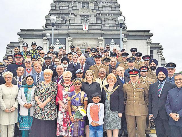 Members of the British armed forces attend an event at the Balaji Temple, Birmingham. Ministry of Defence, UK (HT Photo)