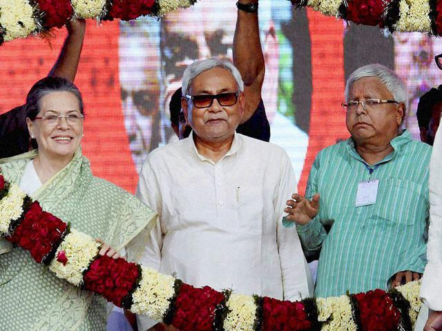 Congress president Sonia Gandhi with Bihar chief minister Nitish Kumar and RJD chief Lalu Prasad during the Swabhiman rally at Gandhi Maidan, in Patna. (PTI Photo) Congress president Sonia Gandhi with Bihar chief minister Nitish Kumar and RJD chief Lalu Prasad during the Swabhiman rally at Gandhi Maidan, in Patna. (PTI Photo)