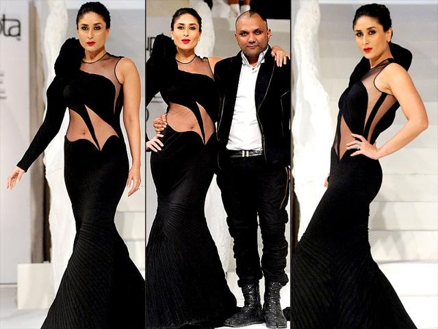 Kareena Kapoor Khan walked the ramp for designer Gaurav Gupta, during the Lakme Fashion Week Winter/Festive 2015, in Mumbai. It was the first time that Kareena and Gaurav collaborated for a fashion show. The 34-year-old actor looked her stunning best as she walked down the ramp wearing a black flowing sheer gown. (IANS photo)