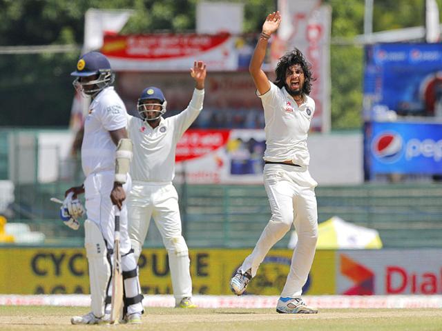India's Ishant Sharma, right, unsuccessfully appeals for the wicket of Thirimanne, unseen, as Mathews, left, watches. (AP Photo)