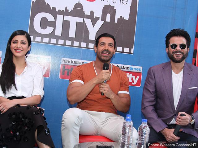 John Abraham, Anil Kapoor and Shruti Haasan promote Welcome Back at Hindustan Times office, Delhi. (Photo: Shivam Saxena/HT)