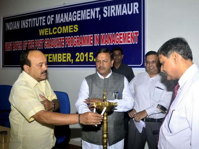 IIM Lucknow director, MLA Kirnesh Jung and Dr Rajiv Bindal during the inaugural ceremony of IIM Sirmour in Nahan on Friday. (HT Photo) IIM Lucknow director, MLA Kirnesh Jung and Dr Rajiv Bindal during the inaugural ceremony of IIM Sirmour in Nahan on Friday. (HT Photo)