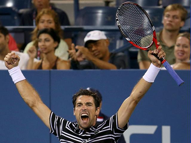 Jeremy Chardy of France raises his arms in celebration after beating David Ferrer of Spain during the men's singles third-round match of the US Open at the USTA National Tennis Center in New York, on September 4, 2015, in New York. Chardy won 7-6 (6), 4-6, 6-3, 6-1. (AP Photo) Jeremy Chardy of France raises his arms in celebration after beating David Ferrer of Spain during the men's singles third-round match of the US Open at the USTA National Tennis Center in New York, on September 4, 2015, in New York. Chardy won 7-6 (6), 4-6, 6-3, 6-1. (AP Photo)