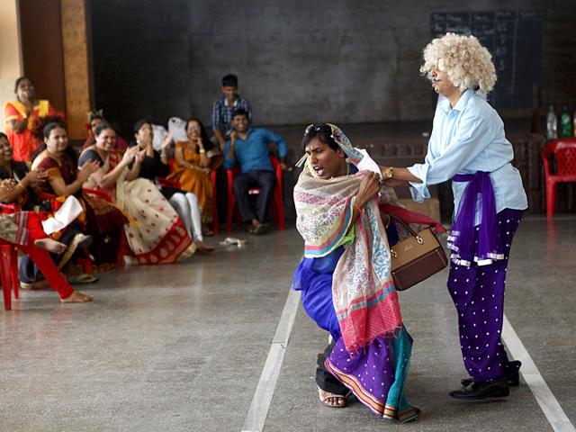 Teachers of Dominic Savio Vidyalaya celebrate Teacher's Day at Ghatkopar, in Mumbai. (Arijit Sen/HT photo)