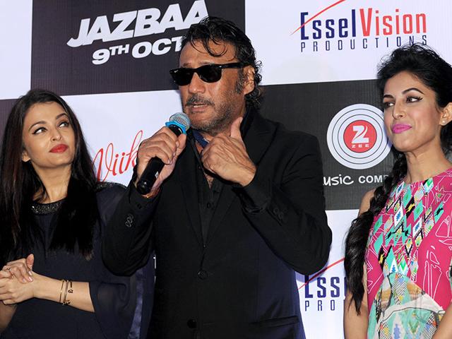 Aishwarya Rai Bachchan, Jackie Shroff and Priya Banerjee explaining the theme of Jazbaa at a promotional event. (AFP Photo) Aishwarya Rai Bachchan, Jackie Shroff and Priya Banerjee explaining the theme of Jazbaa at a promotional event. (AFP Photo)