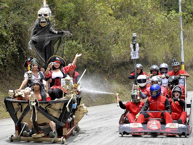 Participants in a homemade car dressed as characters from Pirates of the Caribbean during the XXVI Car Festival in Colombia on September 6, 2015. (AFP)