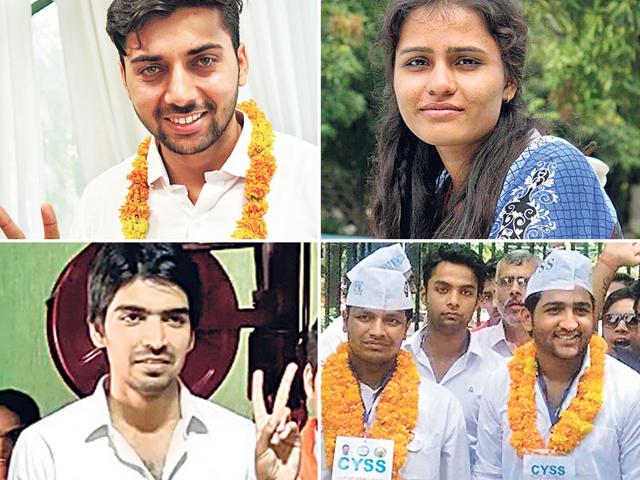 Candidates for the presidential post: (clockwise) Pradeep Vijayran from NSUI, Sheetal Bhopal from AISA, Kuldeep Bidhuri from CYSS and Satinder Awana from ABVP. Candidates for the presidential post: (clockwise) Pradeep Vijayran from NSUI, Sheetal Bhopal from AISA, Kuldeep Bidhuri from CYSS and Satinder Awana from ABVP.