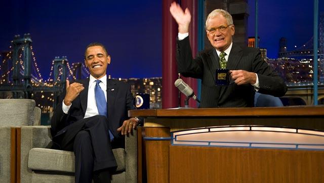 This September 21, 2009 file photo shows US President Barack Obama (L) joking with David Letterman in an episode of the Late Show with David Letterman in New York City. This September 21, 2009 file photo shows US President Barack Obama (L) joking with David Letterman in an episode of the Late Show with David Letterman in New York City.