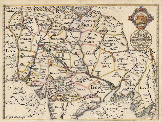 William Baffin (c.1584 - 1622), London, 1625 (Copper engraving with hand colour). The first accurate map of Northern India, by the English adventurer William Baffin, based on geographic intelligence obtained at the court of Emperor Jahangir. William Baffin (c.1584 - 1622), London, 1625 (Copper engraving with hand colour). The first accurate map of Northern India, by the English adventurer William Baffin, based on geographic intelligence obtained at the court of Emperor Jahangir.
